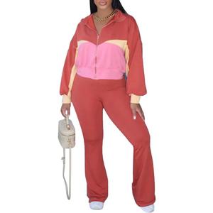 HBQ Women's Color Block 2 Piece Tracksuit Sets Long Sleeve Zip Up Crop Jacket and Flare Pants Casual Y2K Outfit-Orange Red-XL