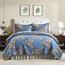 King Quilt Set 100% Cotton Blue Damask Floral Bedspread, Classic European Style Reversible Quilt Bedding Set 3 Pieces, Lightweight All Season, Dark Blue & Brown