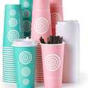 JollyPack 20 oz 100 Pack Paper Coffee Cups with Lids and Stirrers in Pink and Green. Great for Coffee, Juice, Tea, Home Use, Store and Cafe