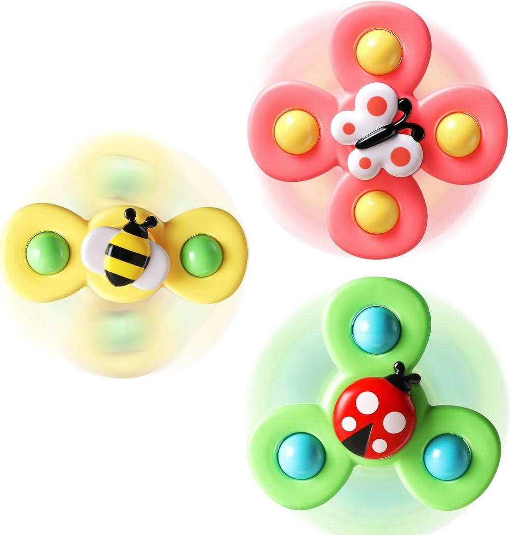 ALASOU 3PCS Suction Cup Spinner Toys for 1 Year Old Boy Girl|Spinning Top 12 18 Months|1 2 Year Old Boy Birthday Gift|Baby Bath Toy for Kids Ages 1-3|Sensory Airplane Travel Toy for Infant Toddlers, Small