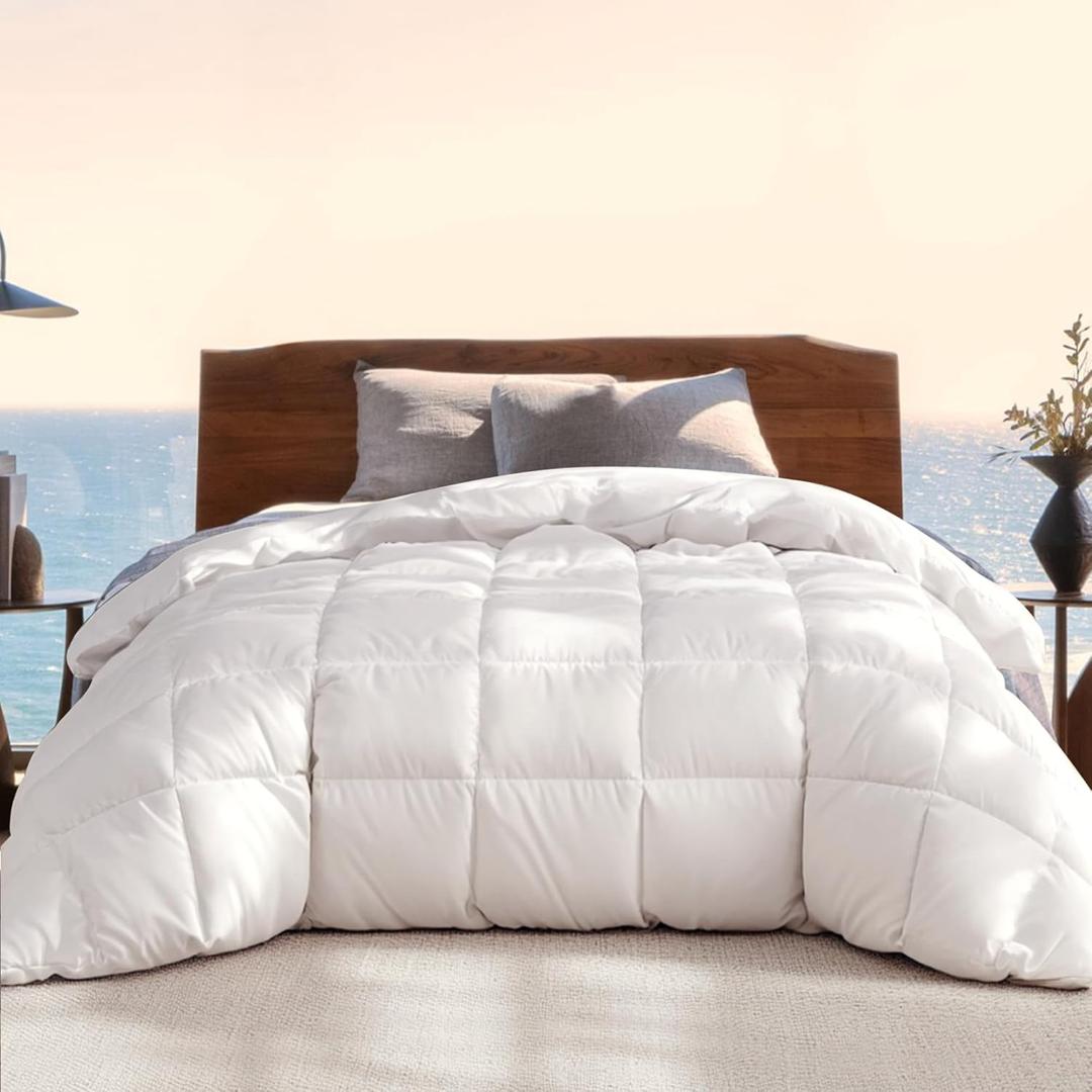 Beautyrest Luxury White Goose Feather Down Fiber Comforter Full/Queen Size Machine Washbale,Hotel Collection 100% Cotton Duvet Insert Light Warmth Down Comforter,White/Queen/90 x90
