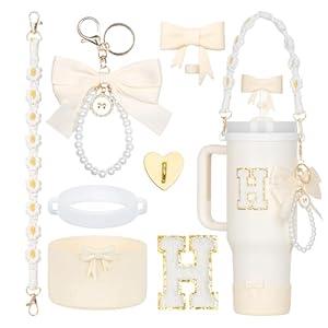 Rabrgab 7Pcs White Stanley Cup Accessories for 40Oz 30Oz 20Oz, Women Teen Girls Gifts, Stanley Tumbler Cup Decoration with Straw Topper, Bow Charm, Silicone Boot, Handle Strap, Letter Sticker H