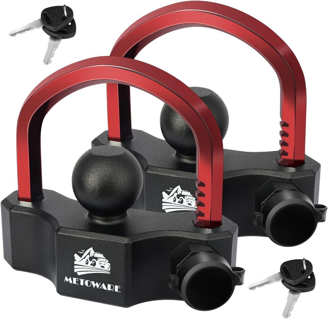 METOWARE Universal Trailer Coupler Ball Lock, Adjustable Heavy-Duty Trailer Hitch Locks Fit 1-7/8 Inch, 2 Inch, 2-5/16 Inch Couplers with 4 Keys Alike (2 Pack Red)