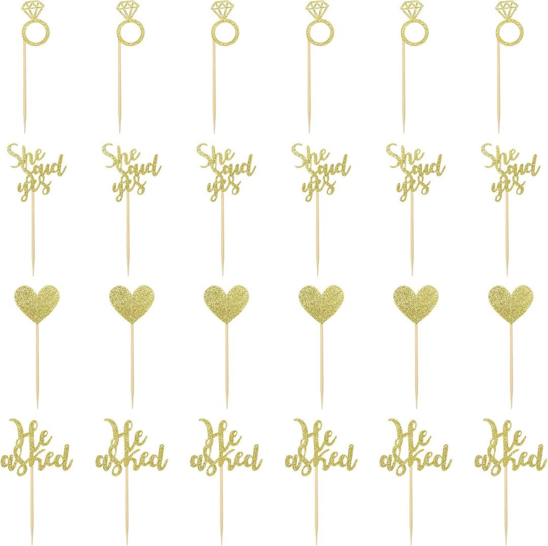 24 Pcs He Asked She Said Yes Cake Topper Gold Cupcake Toppers Heart Diamond Ring Cupcake Picks Glitter Cupcake Decorations for Wedding Engagement Bridal Shower Party Cake Decorations