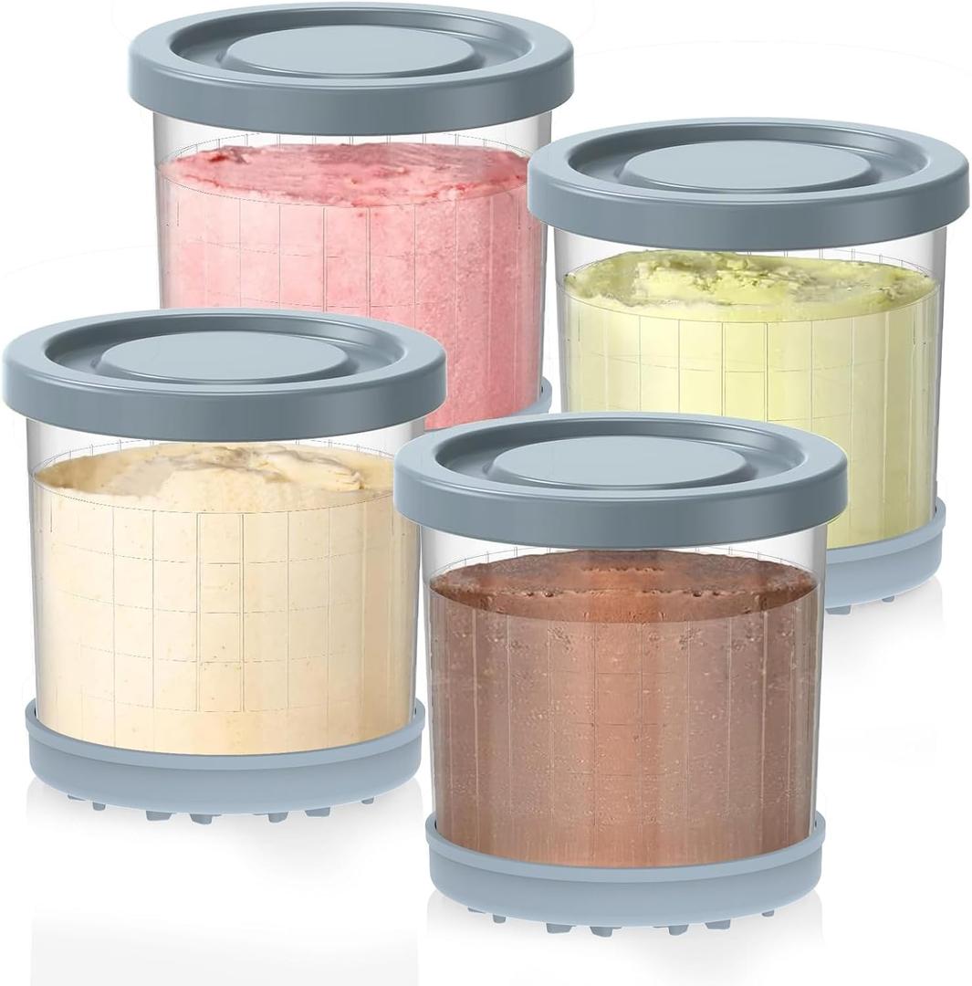 For Ninja Creami Pints and Lids-4 Pack, 16OZ Container Compatible with NC299AMZ & NC300s Series Ice Cream Makers, Extra Cups Replacement for Ninja Creamy Containers Airtight Anti-slip Dishwasher Safe