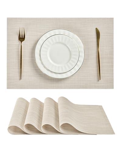 Leetaltree Beige White Placemats Set of 2 - Heat Resistant Non-Slip Place mats for Dining Table, Washable Durable PVC Vinyl Woven Table Mats (Beige White, 2)