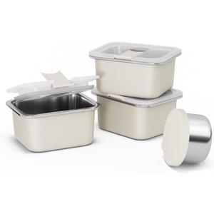 Stainless Steel Snack Box Containers for Kids, 3 Packs 12 oz Leak-Proof Microwave-safe Small Food Storage Container with Lid, Metal Compact Bento Lunch Box Container for School Travel (Beige)