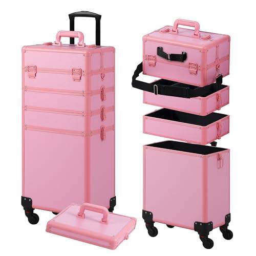 Somduy Makeup Train Case, Rolling Makeup Case with Lid, 5 in 1 Cosmetology Case on Wheels, Christmas Gift, Large Makeup Case Organizers, Profesional Cosmetic Case for Salon Barber, Pink