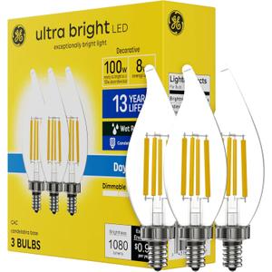 GE Ultra Bright LED Light Bulbs, 100W, Daylight Candle Lights, Clear Decorative CA12 Light Bulbs, Candelabara Base (3 Pack)