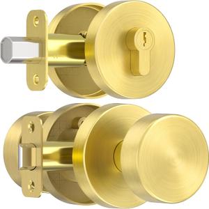 Gold Door Knob with Deadbolt Lock, Satin Brass Front Door Handle with Deadbolt Lock Set, Round Deadbolt and Exterior Door Knob with Key