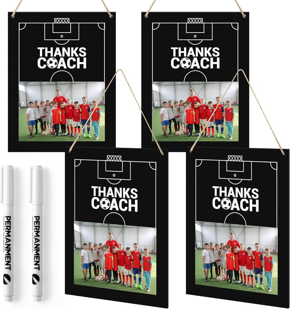 WATINC Thanks Coach Photo Frame - 4pcs Soccer Coach Wood Picture Frame Gifts with Pen for Women Men Team Player, Home Office Sports Decorations Hanging Frame Wall Art Photo Album (10.2” x 7.9”)