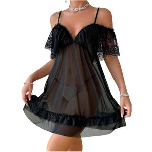 WDIRARA Women's Sheer Mesh Bobydoll Nightgowns Cold Shoulder Lace Trim Sleep Dress, Medium