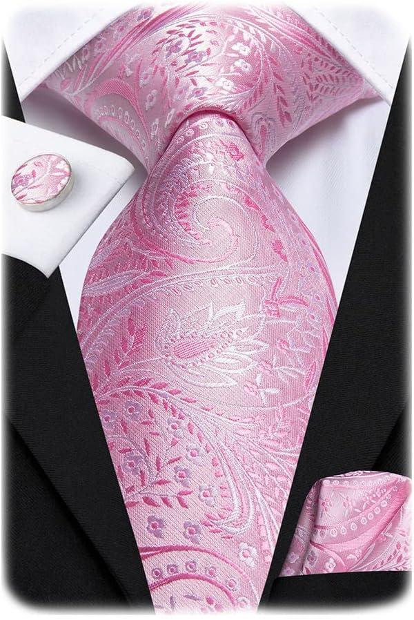 Hi-Tie Paisley Floral Ties Set for Men Silk Mens Stripes Necktie Pocket Square Cufflinks Set Formal Business (Pink)