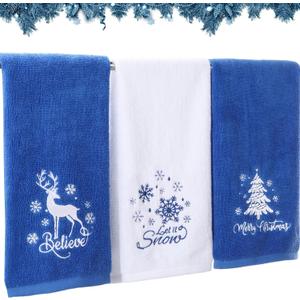 Tiamon 3 Pack Christmas Hand Towels for Bathroom Set Cotton Embroidered 13.7'' x 29.5'' Xmas Snowflake Dish Tea Fingertip Towel Cloths Decorative for Winter Holiday Kitchen Bath Gift(Blue,Snow)