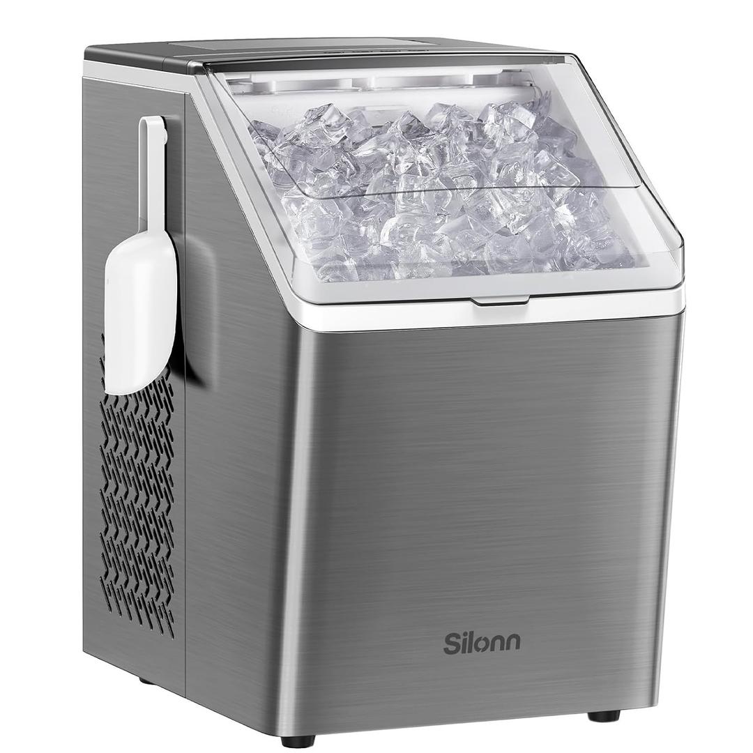 Silonn Ice Makers Countertop, 44lbs Per Day, 2 Ways to Add Water, Auto Self-Cleaning, Stainless Steel Ice Machine for Home Office Bar Party