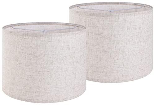 Set of 2 Drum Lampshades for Table, Floor & Bedside Lamps - 13 * 13 * 10 inch, Medium Beige Gray Shades - Natural Fabric Spider Fitter - Modern & Rustic Interiors - By GO&SO Assembly Required