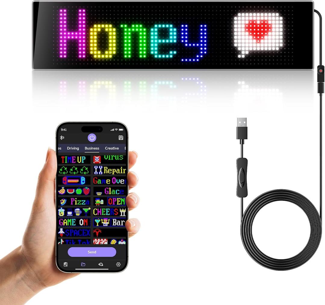 Programmable LED Car Sign, Scrolling LED Sign, Flexible LED RGB Message Display, Bluetooth APP, DIY Design Colours, Animations,Text, Graffiti (15"x 4")