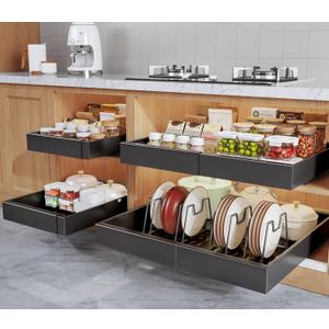 Seinloes 4Pack Expandable Pull Out Cabinet Organizer 21"Deep With Raising Pad for Framed Cabinets,Slide Out Drawers with 4pcs Divider Racks,Roll Out Shelves Adhesive,Adjustable Width 12.05"-20.4"Black