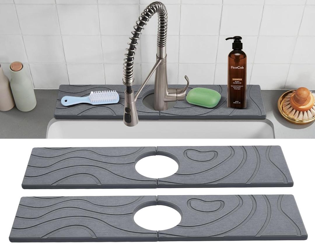 2-Pack Faucet Mat for Kitchen Sink, Diatomite Stone Mat, Quick Drying Splash Guard & Drip Catcher for Faucet Bathroom Counter - Dark Grey (23.6x4 Inch)
