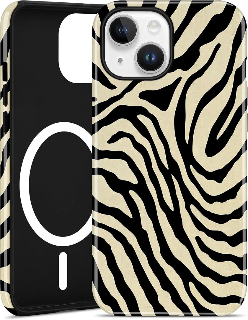 Jusy Compatible with MagSafe Zebra Phone Case for iPhone 13/14, Cute Aesthetic Magnetic Soft TPU and Hard PC Protective Phone Cover for Women Girls (Matte) - Beige
