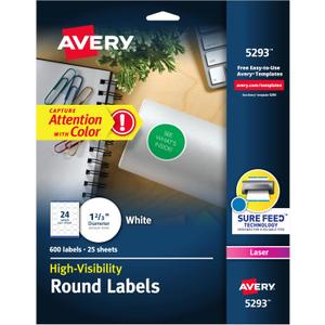 Avery Round Printable Labels, 1-2/3" Diameter, Matte White, Sure Feed Technology, Laser & Inkjet Compatible, 600 Blank Labels Total, Great for Branding, Packages, School Supplies, and More (5293)