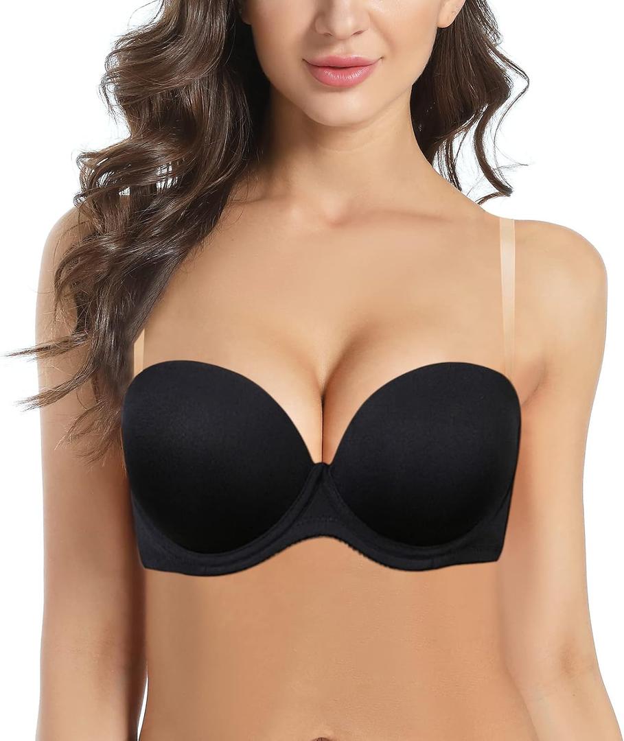 Women's Strapless Push Up Bra Underwired Thick Padded Low Cut T-Shirt Convertible Supportive Bras with Clear Straps, 36D