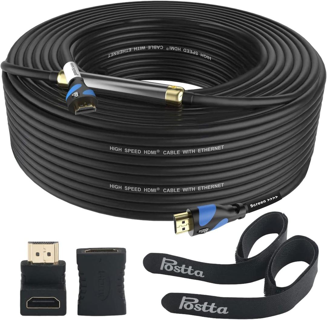Postta HDMI Cable 100 Feet with Built-in Signal Booster HDMI 2.0V Cable with 2 Piece Cable Ties+2 Piece HDMI Adapters Support 3D,1080P,Ethernet,Audio Return-1 Pack
