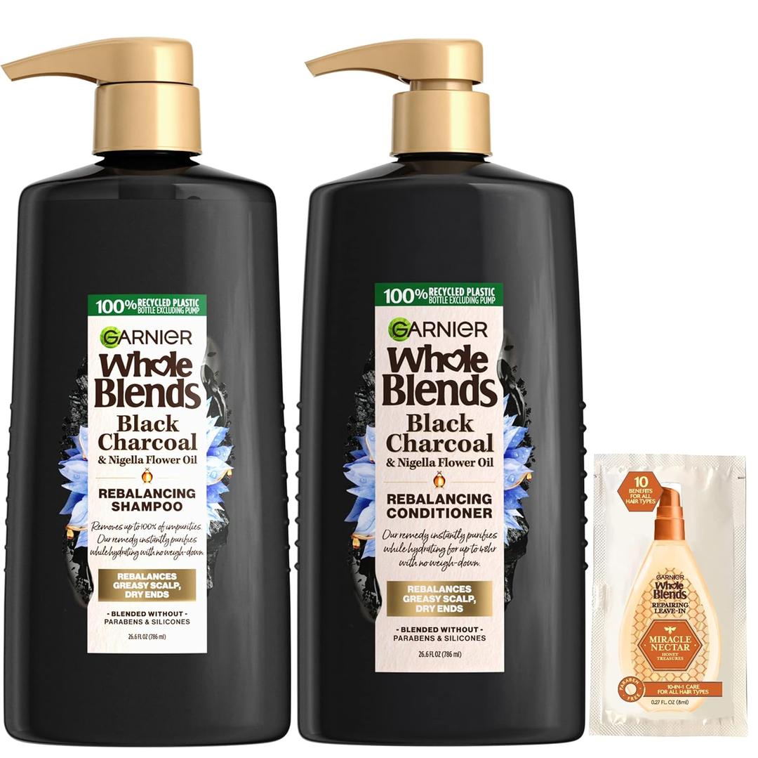 Garnier Whole Blends Black Charcoal & Nigella Flower Oil Rebalancing Shampoo and Conditioner Set for Greasy Scalp & Dry Ends with Sample, 26.6 Fl Oz, 1 Kit (Packaging May Vary)