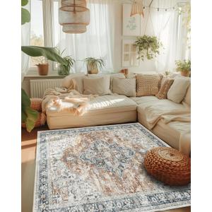 Freyja 5x7 Area Rugs for Living Room, Vintage Distressed Soft Washable Rugs for Bedroom Dining Room Kitchen, Foldable Thin Non Slip Floral Print Mat Home Decor Aesthetic (Orange Blue)