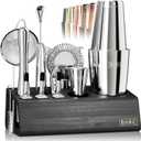 BARE BARREL® Mixology Bartender Kit Bar Set | 14-Piece Cocktail Shaker Set | Martini Barware Mixing Tools for Home Bartending | Incl. 35 Recipe Cards | Gift Set (24oz Cobbler Shaker, Silver/Black)