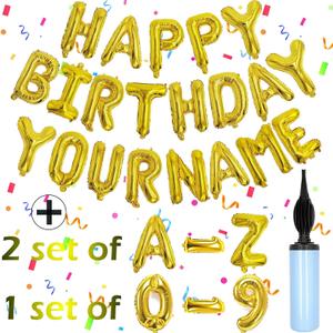 76pcs Happy Birthday Balloon Banner, Gold Balloons Letters, Personalized 16" Mylar Foil Birthday Decorations includes 2 Sets A- Z, 1 set Number 0-9 and "HAPPY BIRTHDAY" letters (with Balloon Pump)