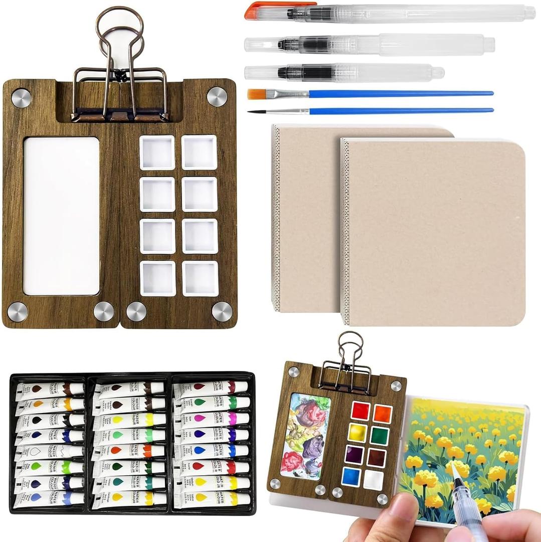 Mini Watercolor Paint Set, Travel Paint kit, Pocket Watercolor Set with Paint, Brush, Sketchbook & Copper Clip, Watercolor Travel Kit for Beginners, Artists & Painting Enthusiasts