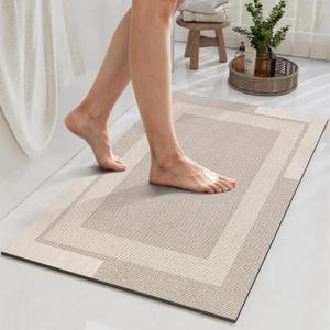 YDKGL Non Slip Bath Mat, Rubber Backing Ultra Thin Bathroom Rugs Fit Under Door Quick Dry Super Absorbent Washable Bath Rug Shower Mat for Bathroom Floor Bathtub Shower Sink, Easy Care, Beige, 16"x 24"