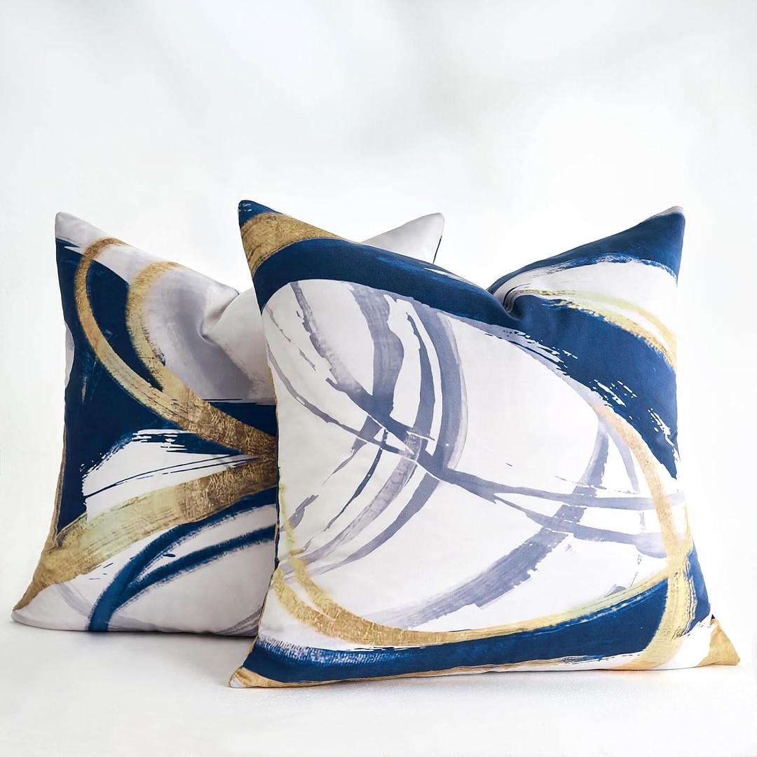 Navy Blue Abstract Pillow Covers 18x18 inch Decorative Throw Pillow Covers Grey Cushion Cases White Square Modern Cushion Cases for Sofa Bed Couch Living Room Set of 2