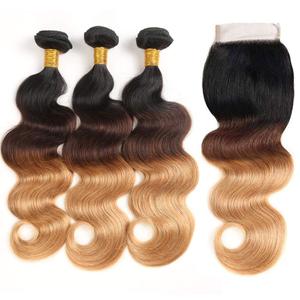 3 Tone T1B/4/27 Bundles with Closure Human Hair Body Wave Brazilian Virgin Human Hair (20 22 24+18 Inch)