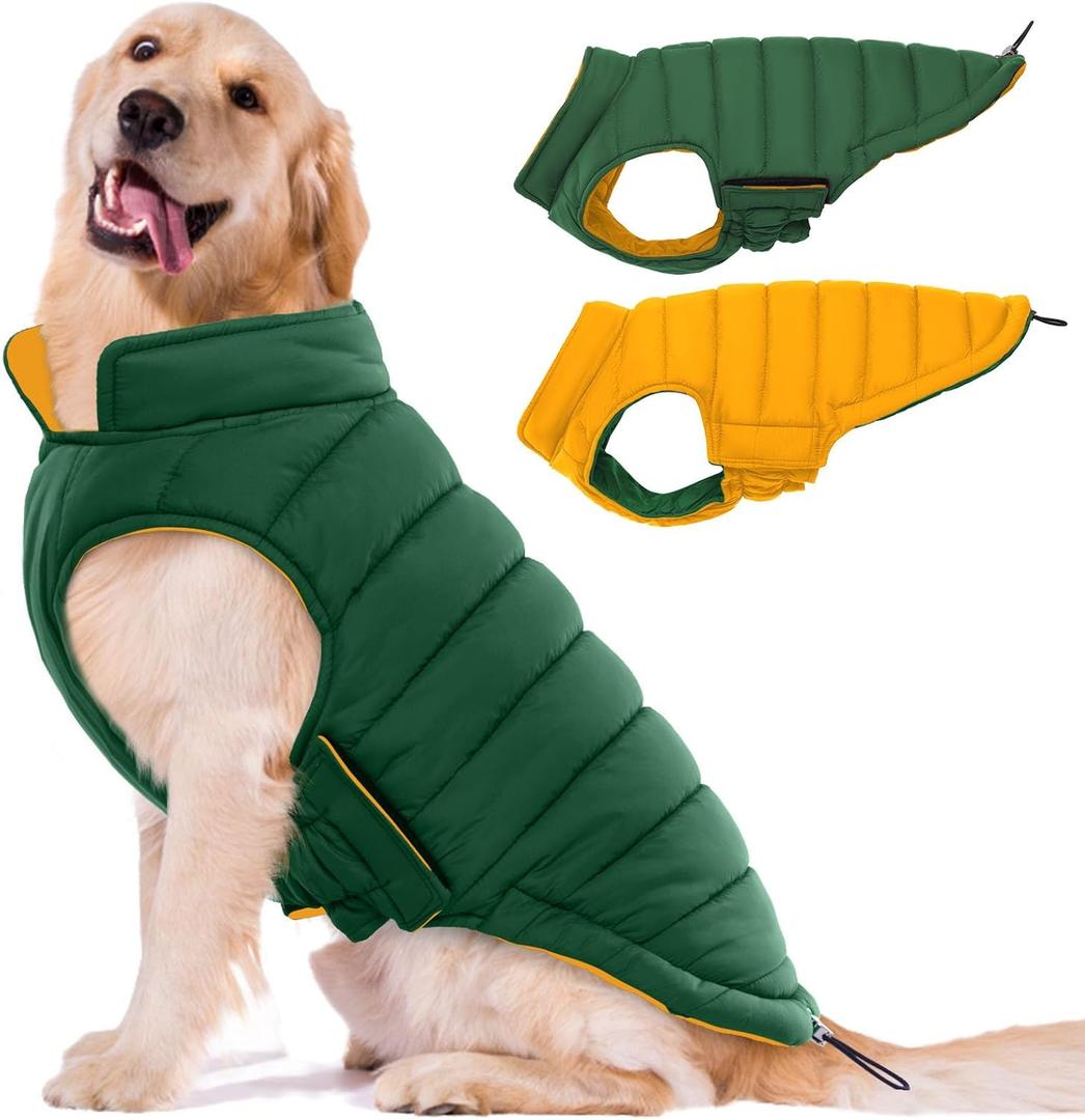 Lelepet Reversible Dog Coat Waterproof Dog Jacket Windproof Puffer Vest for Winter Warm Lightweight Coats for Large Dogs Adjustbale Hook & Loop Pet Apparel with Leash Hole, French Bulldog, Green L