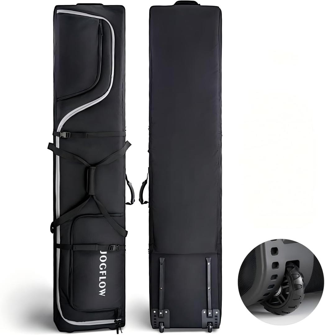 Ski Bag 360 Fully Padded Ski Bag with Wheels, 1200D Waterproof Fabric, 10mm Pearl Cotton Padded, Fits Single Ski/Double Skis/2 Sets Skis, Roller Ski Bag for Air Travel (Black)