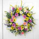 Yawwind 22 Inches Summer Wreaths for Front Door Spring Flower Wreaths Summer Door Wreath Colorful Wildflower Wreath with Daisy Lavender for Window Indoors Outdoor Decor