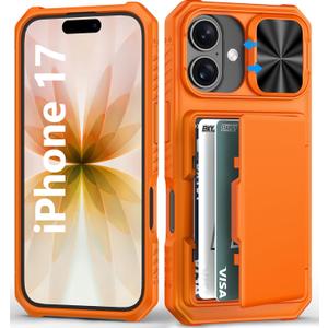BXYJY for iPhone 17 Phone Case Wallet, Card Holder (4-5 Cards), Slide Camera Cover, Military Grade Protection, Rugged Hard Women Girly Men Shockproof Protective Silicone Case for iPhone17 6.3", Orange