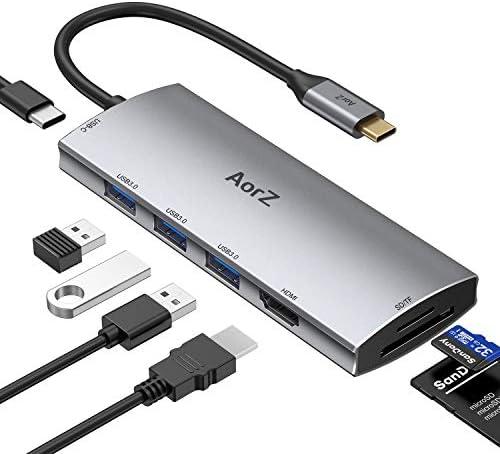 USB C Hub, USB Hub to HDMI Multiport AorZ USB C Dongle Adapter 7 in 1 with 4K HDMI Output,3 USB 3.0 Ports,SD/Micro SD Card Reader,100W PD,Compatible with MacBook Pro Air HP XPS and More Type C Devices
