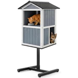 2-Story Outdoor Cat Feeding Station, Elevated Feral Cat House with Roof