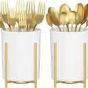 Lifewit Plastic Silverware Holder for Kitchen Countertop, Cutlery Flatware Caddy with Metal Bracket, Utensil Spoon Fork knives Organizer for Party Picnic, Gold, 2 Pack