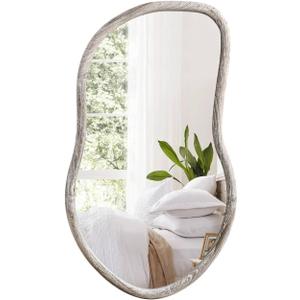 Asymmetrical Mirror Irregular Wall Mirror Farmhouse Wood Asymmetrical Mirrors for Wall Unique Art Mirrors for Bathroom Entryway Bedroom Living Room Rustic White