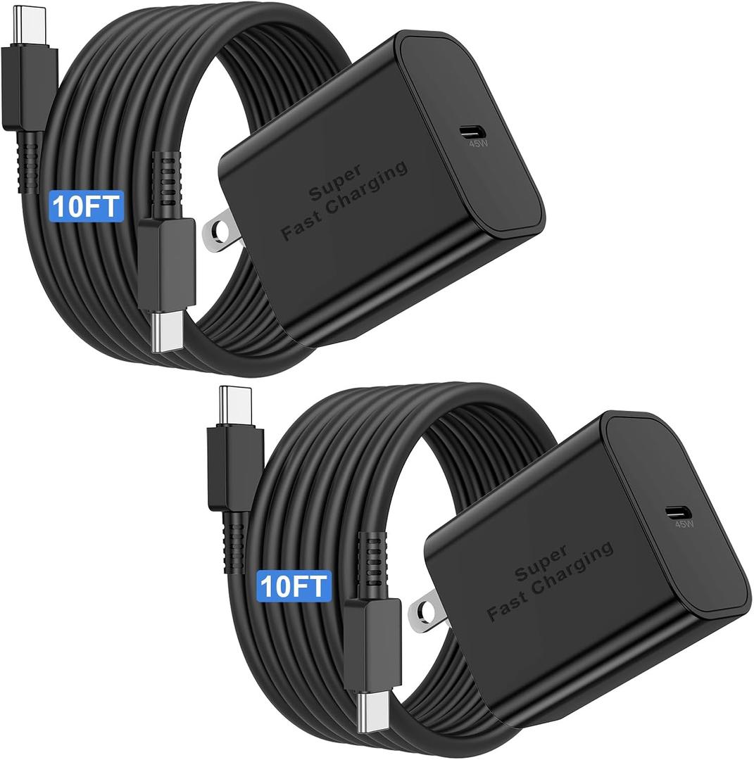 45W Super Fast Charger with Long USB C to C Cable 10ft, Type C Wall Block Plug and Android Phone Charging Cord for Samsung Galaxy S25/S24 Ultra/S23+/S22 Plus/S21/S20/Note 20/10/iPhone 17 16 15 Pro Max