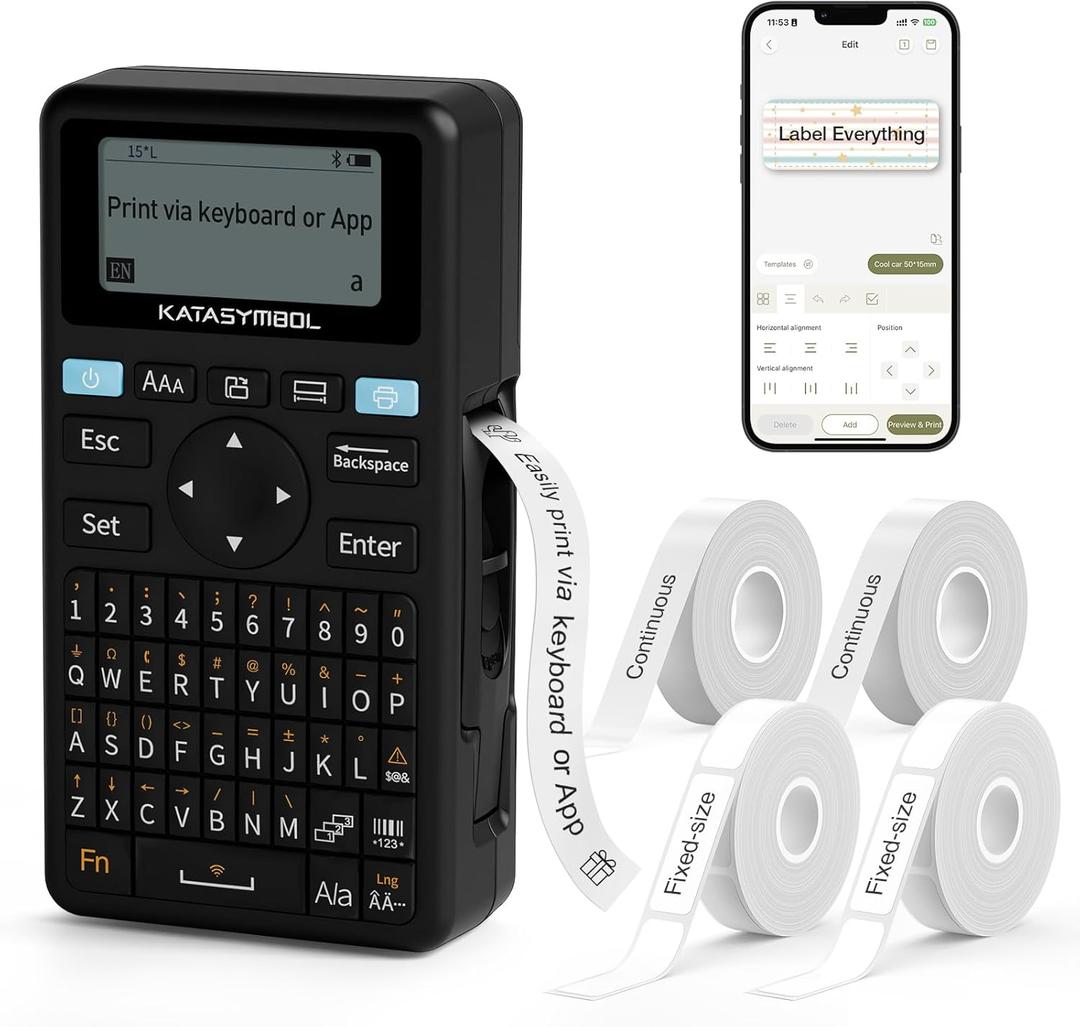 SUPVAN E11 Bluetooth Label Maker Machine with 4 Tapes, Support Keyboard & App with 30+ Fonts and 660+ Icons, Rechargeable Inkless Labeler for Home, Kitchen, Office, School, Organization, Black