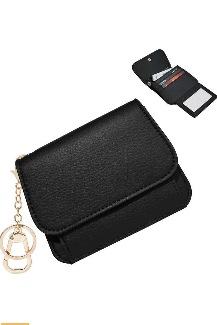 Small RFID Wallet for Women,Slim Wallet with Keychain Tri-Fold Credit Card Holder Wallet with Zipper Coin Pocket and ID Window Mini Wallet for Travel or Gift (Jet Black)