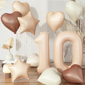 40 Inch Number 10 Balloon Decor, Cream Retro Apricot Brown Foil Neutral Heart 10 Balloons with Taupe Star Helium Balloon for Girls Boys 10th Birthday Anniversary Wedding Party Decoration Supplies (Beige)