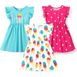 PATPAT Toddler Girl's Dress Ruffle Sleeve for Girl Pack of 2, Casual Dresses Set, size 6-7 years, Spring Polka Dots Short Sleeve Princess A-line Dress