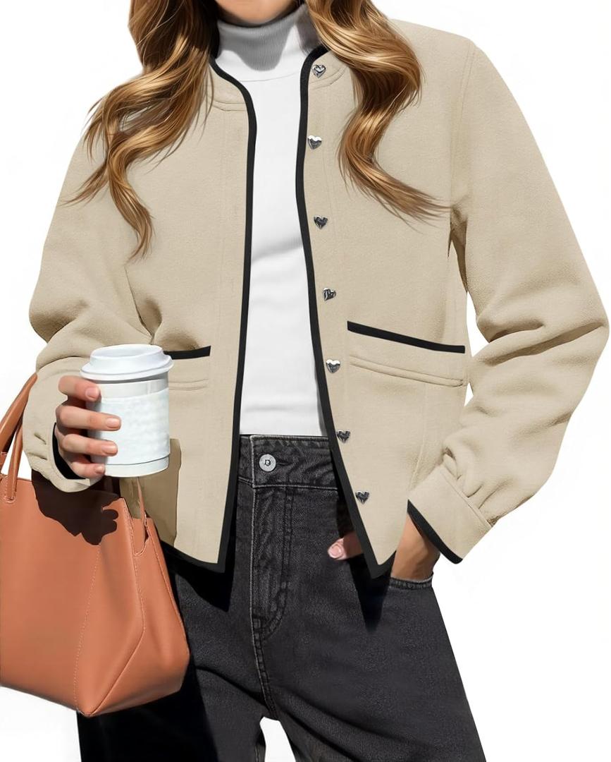 Cicy Bell Womens Button Down Bomber Jackets Puff Sleeve Cropped Pea Coats Casual Fall Color Block Outerwear (Medium, Beige)