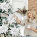 Soulchen 4 Pcs Large White Pearl Poinsettia Christmas Flowers Picks 11 '' Artificial Glitter Poinsettia Floral with Stem for Xmas Winter Tree Garland Vase Wreath Decoration Supplies